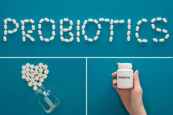 Collage of probiotics lettering, heart made of pills and female hand with container on blue background — Stock Photo