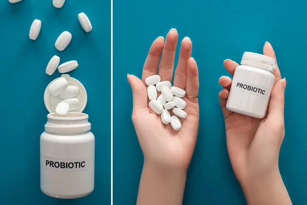 Collage of female hands and white probiotic container on blue background — Stock Photo