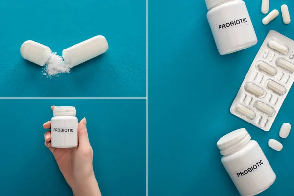 Collage of female hand, containers with probiotic lettering, pills and blister pack on blue background — Stock Photo