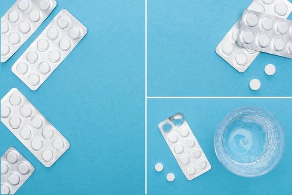 Colagem de pílulas em embalagens blister e vidro de água no fundo azul — Fotografia de Stock