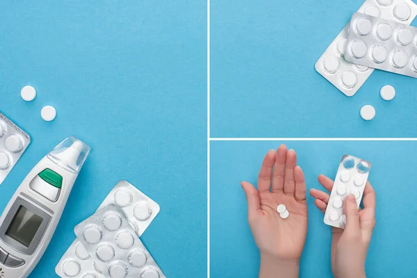 Collage of pills in blister packs, female hands and infrared thermometer on blue background — Stock Photo