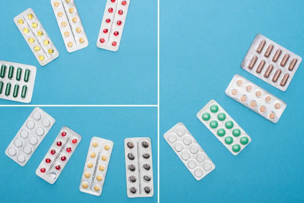 Colagem de pílulas coloridas em embalagens blister no fundo azul — Fotografia de Stock