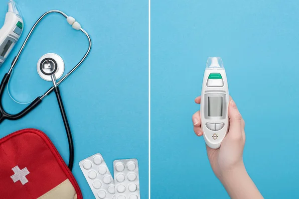 Collage of pills in blister packs, first aid kit, stethoscope and female hand with ear thermometer on blue background — Stock Photo