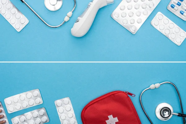 Collage of pills in blister packs, stethoscopes, first aid kit and ear thermometer on blue background — Stock Photo