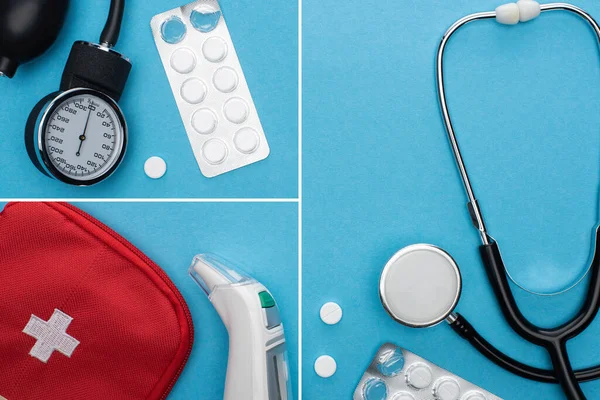Collage di sfigmomanometro, pillole in blister, stetoscopio, kit di pronto soccorso e termometro auricolare su fondo blu — Foto stock