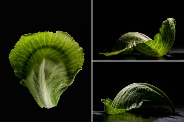 Collage of wet green cabbage leaves isolated on black — Stock Photo