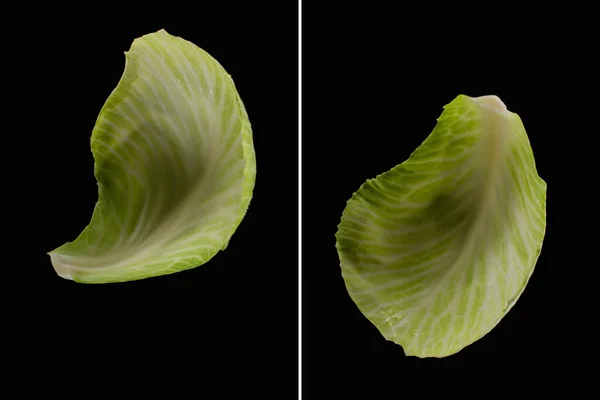 Collage of wet green cabbage leaves isolated on black — Stock Photo