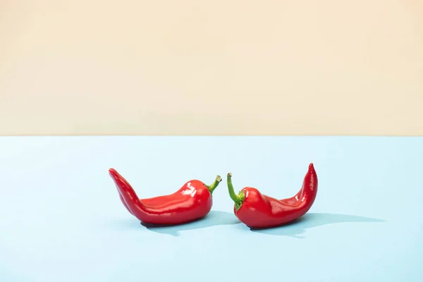 Fresh red chili peppers on blue surface isolated on beige — Stock Photo