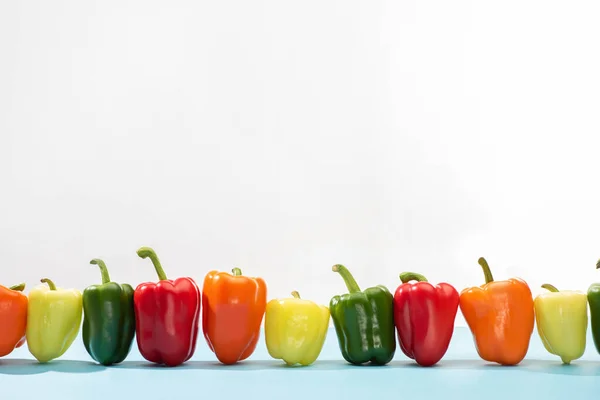 Fresh colorful bell peppers in row on blue surface on white background — Stock Photo