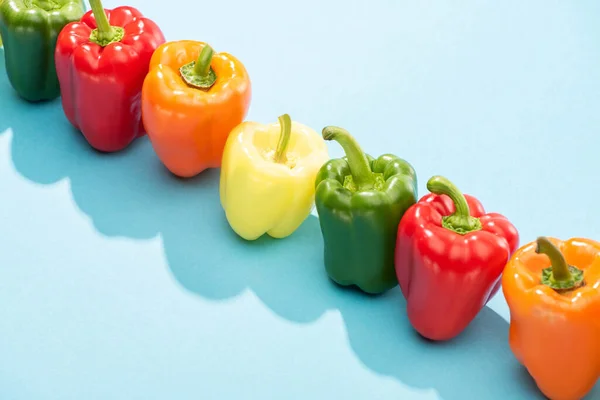Fresh colorful bell peppers in row on blue surface — Stock Photo