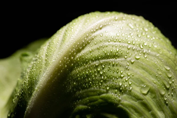 Vue rapprochée de feuilles humides de chou frais isolées sur noir — Photo de stock