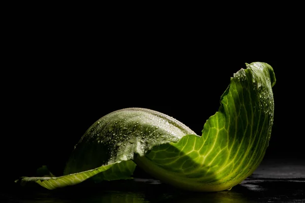 Folhas frescas de repolho verde molhado isoladas em preto — Fotografia de Stock