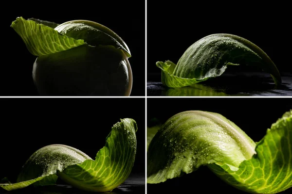 Коллаж влажно-зеленых листьев капусты, изолированных на черном — стоковое фото