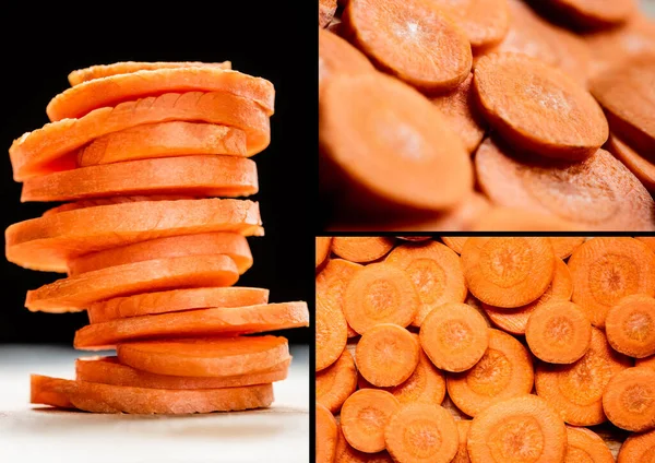 Collage of fresh ripe carrot slices isolated on black — Stock Photo