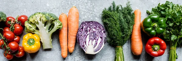 Vista superior de verduras frescas maduras en la superficie de hormigón gris, cultivo panorámico - foto de stock