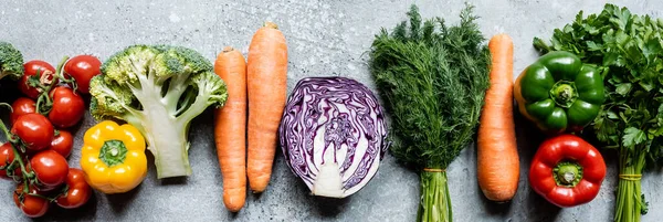 Top view of fresh ripe vegetables on grey concrete surface, panoramic crop — Stock Photo