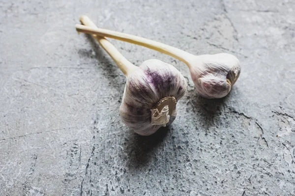 Whole fresh garlic on grey concrete surface — Stock Photo