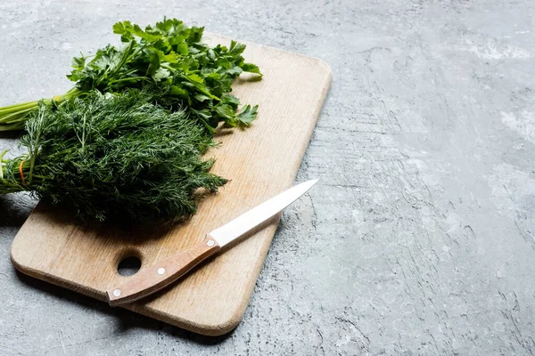 Green parsley and dill on cutting board with knife on grey concrete surface — Stock Photo