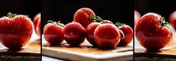 Colagem de tomates vermelhos maduros frescos no ramo com gotas de água na tábua de madeira isolada no preto — Fotografia de Stock