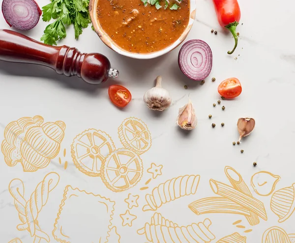 Top view of soup kharcho with cilantro and vegetables on marble texture, food illustration — Stock Photo