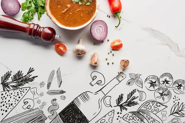 Top view of soup kharcho with cilantro and vegetables on marble texture, food illustration — Stock Photo