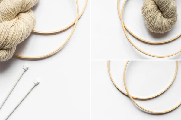 Collage of beige yarn and knitting needles and looms on white background — Stock Photo