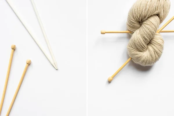 Collage of beige wool yarn and knitting needles on white background — Stock Photo