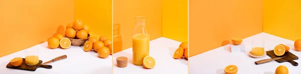 Колаж свіжого апельсинового соку, стиглий апельсин, обробна дошка з ножем на білій поверхні на помаранчевому фоні — стокове фото