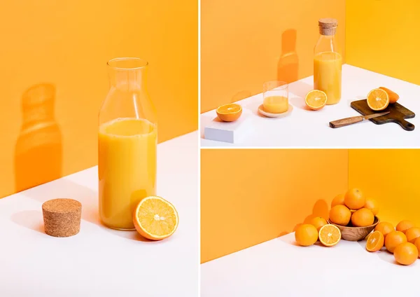 Colagem de suco de laranja fresco, laranjas maduras, placa de corte com faca na superfície branca sobre fundo laranja — Fotografia de Stock