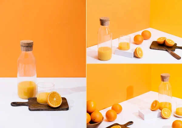 Colagem de suco de laranja fresco em vidro e garrafa perto de frutas cortadas em tábua de corte de madeira na superfície branca no fundo laranja — Fotografia de Stock