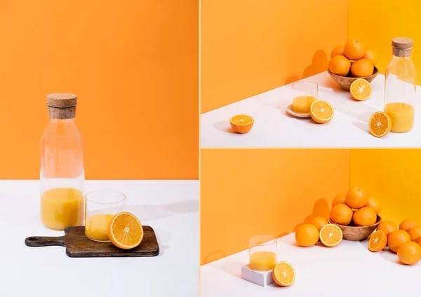 Collage de jus d'orange frais en verre et bouteille près d'oranges, bol, planche à découper en bois sur fond blanc sur fond orange — Photo de stock