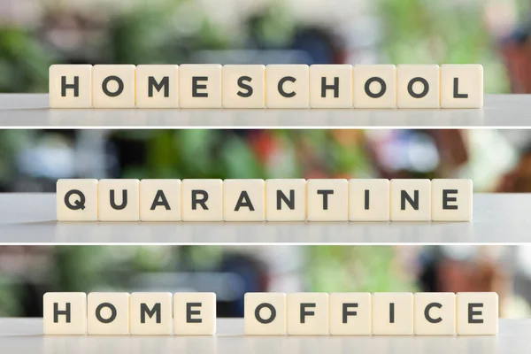 Collage of white cubes with homeschool, quarantine, home office inscriptions on white surface. - foto de stock