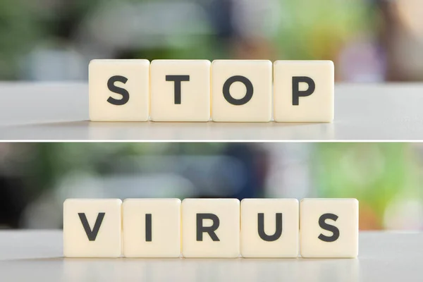 Collage aus weißen Würfeln mit Stop-Virus-Schriftzug auf weißer Oberfläche, Covid-19-Konzept — Stockfoto