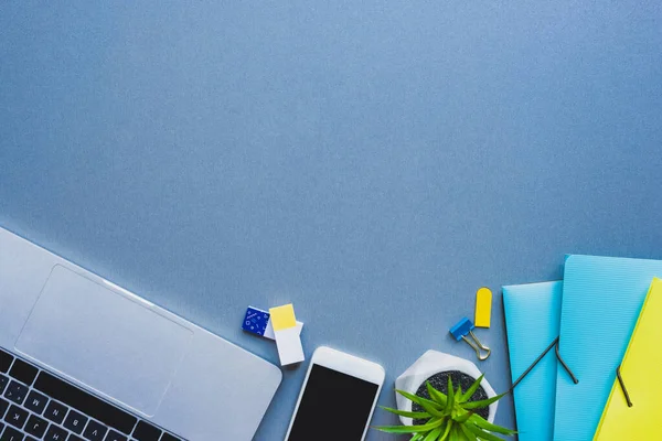 Vista superior de la computadora portátil, smartphone y la planta cerca de papelería en la superficie azul - foto de stock