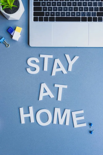 Vista superior da estadia em casa lettering perto da planta, empurrar pinos e borrachas na superfície azul — Fotografia de Stock