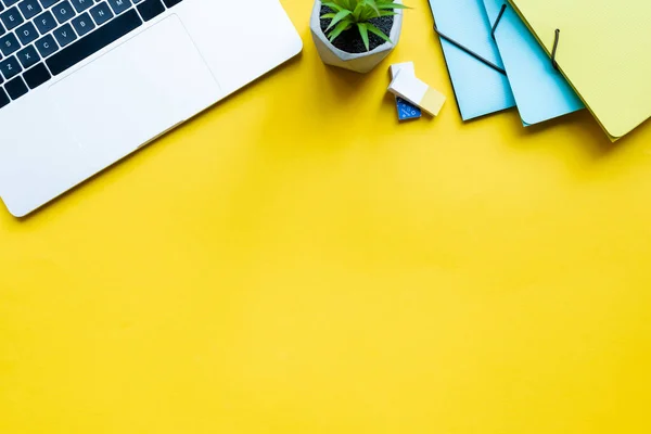 Vue de dessus de l'ordinateur portable, des plantes et des fournitures de bureau sur la surface jaune — Photo de stock