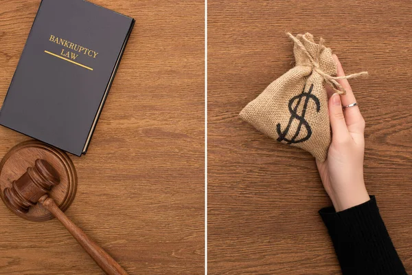 Collage de libro de leyes de bancarrota y martillo cerca de la mano femenina con bolsa de dinero sobre fondo de madera - foto de stock