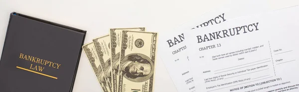 Top view of bankruptcy papers, law book and money on white background, panoramic shot — Stock Photo