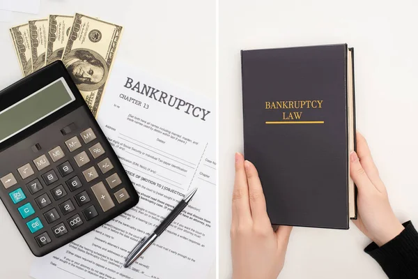 Vista superior del papel de bancarrota con pluma, dinero y calculadora sobre fondo blanco y manos femeninas con libro de leyes, collage - foto de stock