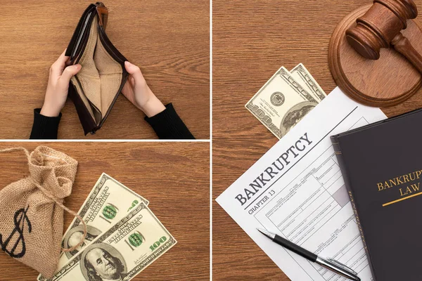 Collage of bankruptcy paper, law book and gavel, dollars and money bag, female hands with empty wallet on wooden background — Stock Photo