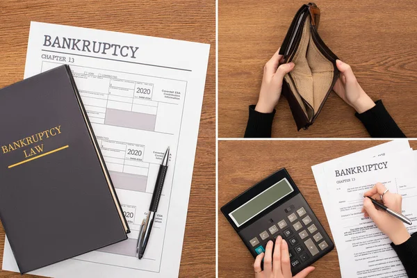 Collage of bankruptcy paper, law book and pen, female hands with empty wallet and calculator on wooden background — Stock Photo