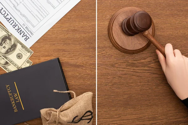 Collage de dinero, papel de bancarrota y libro de leyes, mano femenina con mazo sobre fondo de madera — Stock Photo