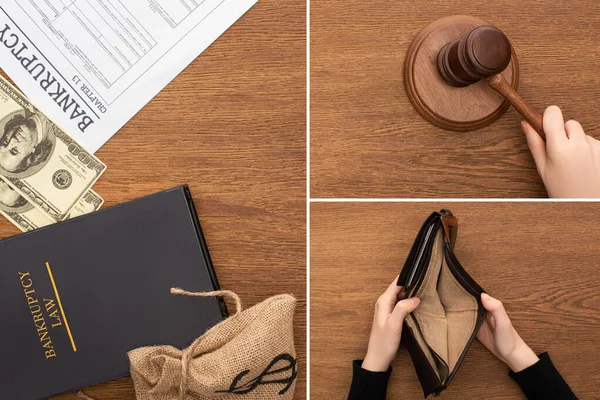 Collage of money, bankruptcy paper and law book, female hands with gavel and empty wallet on wooden background — Stock Photo