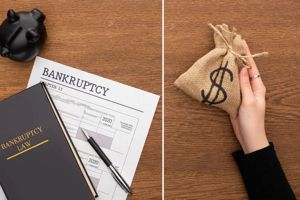 Top view of bankruptcy paper, law book and piggy bank and female hand with money bag on wooden background — Stock Photo