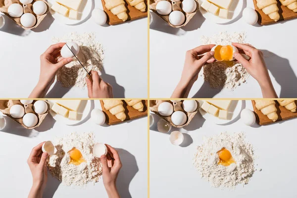 Vista recortada de la mujer haciendo masa para croissants sobre fondo blanco, collage - foto de stock