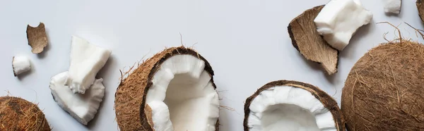 Top view of fresh tasty whole and cracked coconuts on white background, panoramic shot — Stock Photo