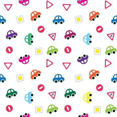 vektör sorunsuz çocuk desen arka plan, oyuncak arabalar ve yol işaretleri