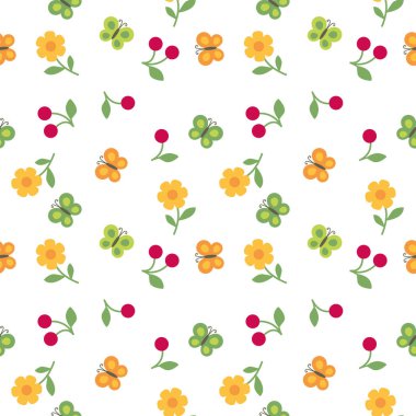 vektör sorunsuz çocuk desen çiçekler, kelebekler ve kiraz