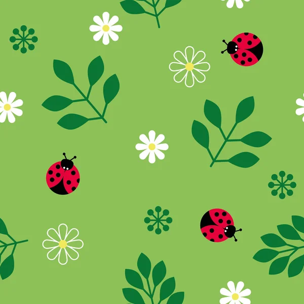 Vecteur Sans Couture Répéter Illustration Motif Floral Laisse Fleurs Coccinelle — Image vectorielle
