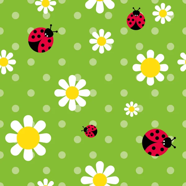 Vektör Rengi Dikişsiz Desen Çiçek Papatya Ladybugs — Stok Vektör